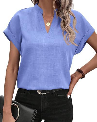 Short Sleeve V-Neck Blouse in Textured Polyester