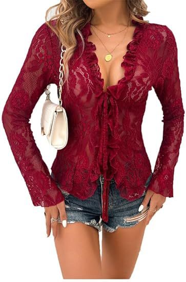 Sheer Lace Tie-Front Cardigan with Ruffle Trim