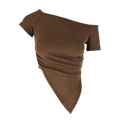 Slim Fit Off-the-Shoulder Crop Top with Ruched Asymmetrical Hem