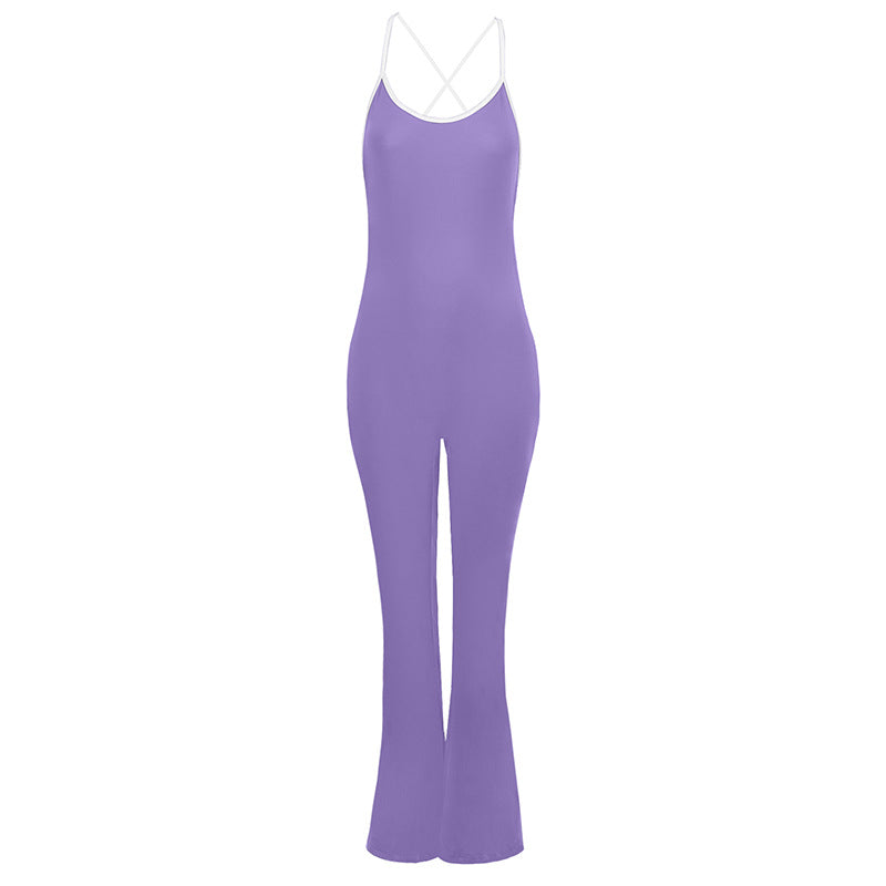 Bodycon Flared Jumpsuit with Backless Detail and Contrast Trim