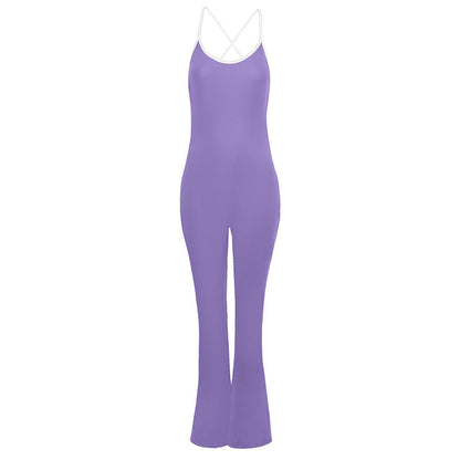 Bodycon Flared Jumpsuit with Backless Detail and Contrast Trim