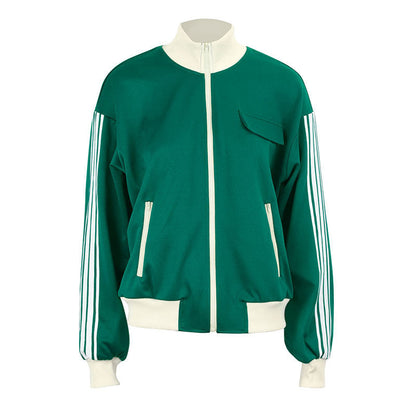Oversized Striped Track Jacket with Stand Collar