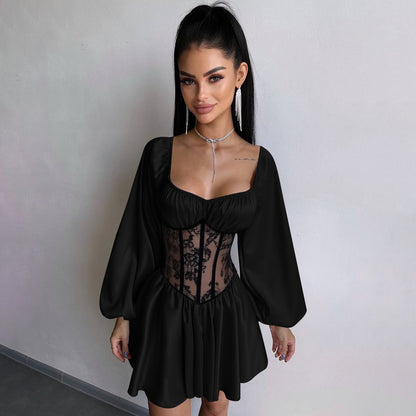 Off-the-Shoulder Satin Mini Dress with Lace Corset Waist