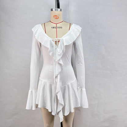V-Neck Ruffled Irregular Hem Dress Short Sleeve, Solid Color