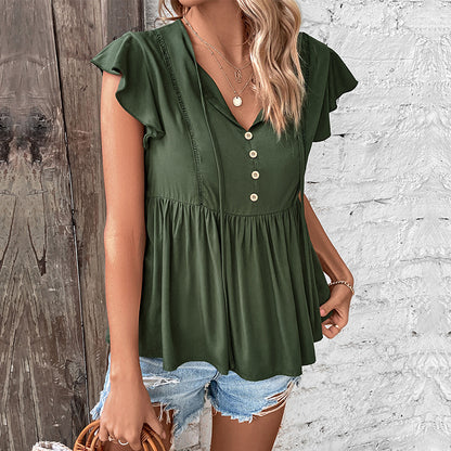 Solid Babydoll Top with Tie-Up V-Neck and Ruffle Sleeves