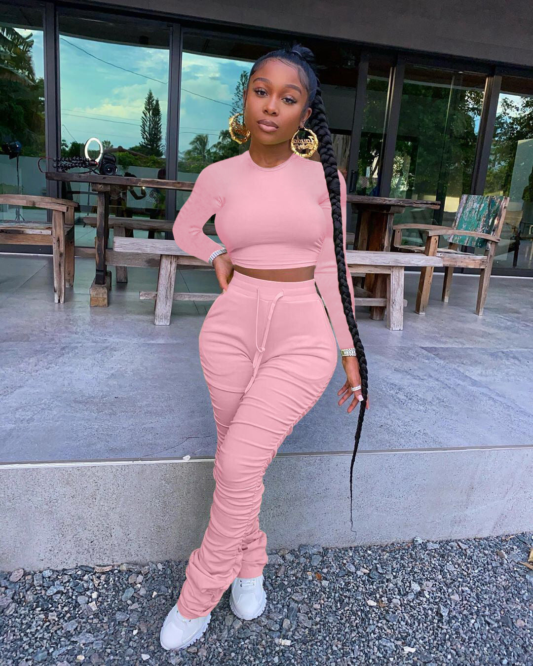 Two-Piece Set with Long Sleeve Crop Top and Ruched Stacked Trousers