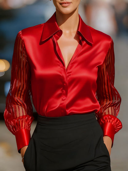 Loose Solid Satin Blouse with Sheer Striped Sleeves