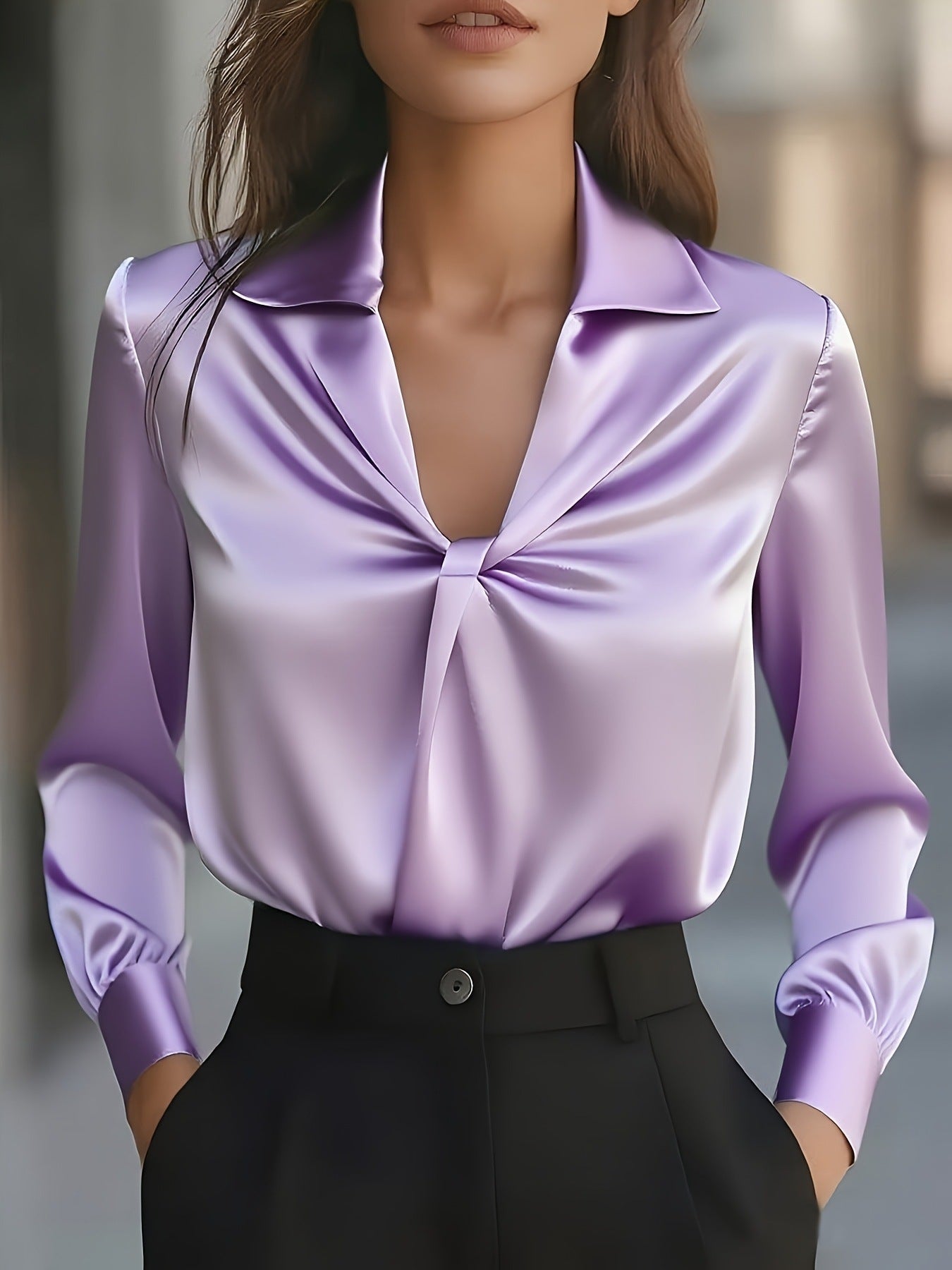 Solid Satin Blouse with Lapel Collar and Twisted Front