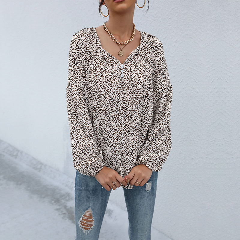 Leopard Print Blouse with Drawstring V-Neck and Balloon Sleeves