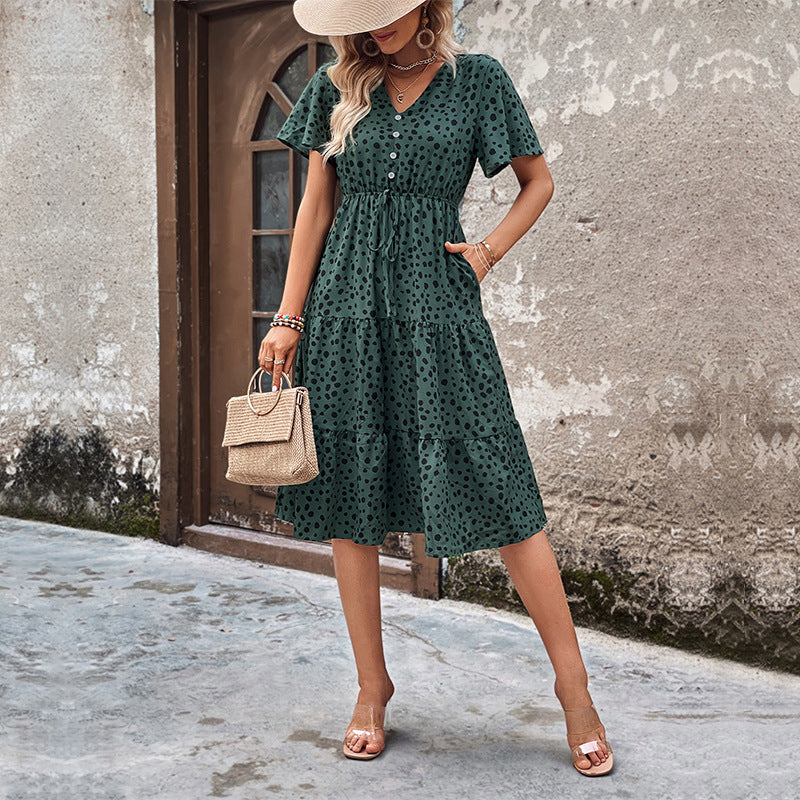 Tiered Leopard Print Midi Dress with V-Neck