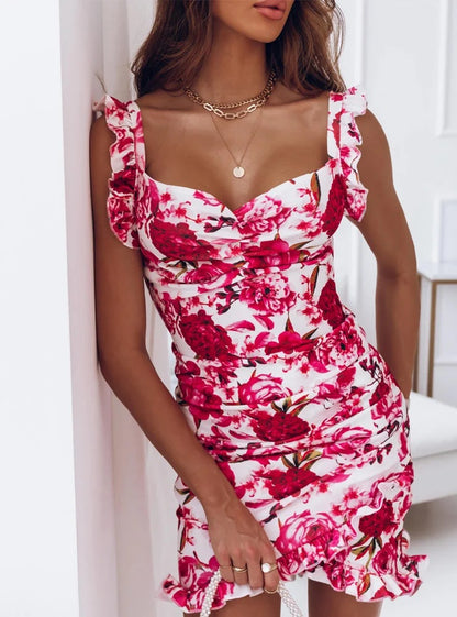 Sheath Floral Dress with V-Neck and Ruffle Sleeves