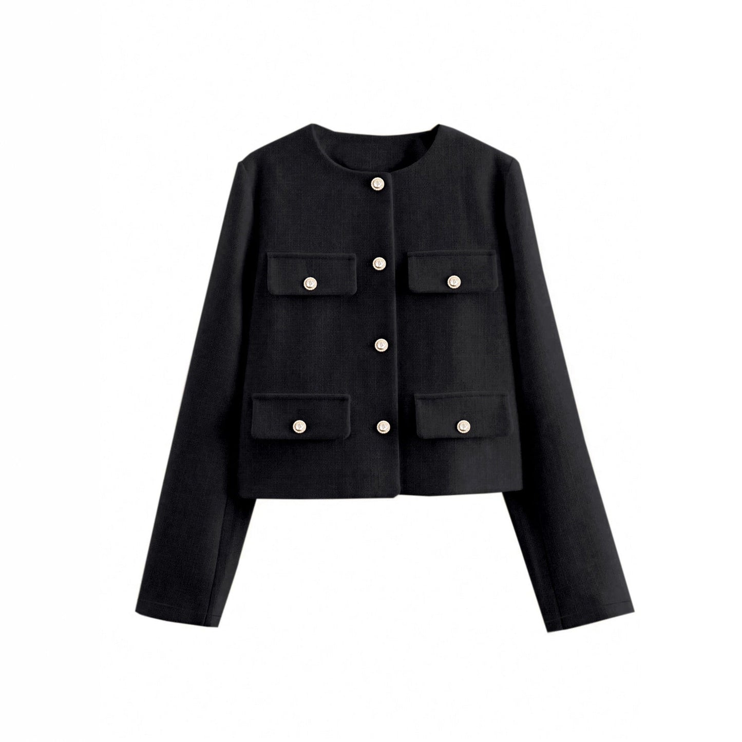 Cropped Collarless Jacket with Button-Flap Pockets