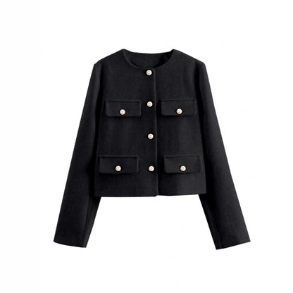 Cropped Collarless Jacket with Button-Flap Pockets
