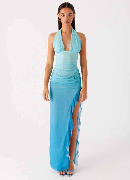 Ruched Halter Maxi Dress with Backless Detail and Ruffled Slit