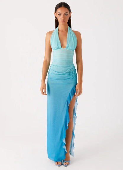 Ruched Halter Maxi Dress with Backless Detail and Ruffled Slit