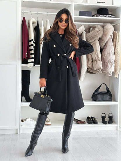 Double-Breasted Midi Coat with Suit Collar and Tie Belt
