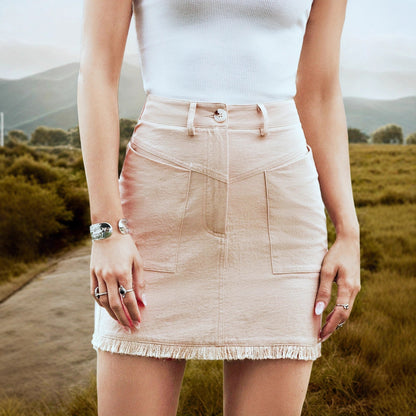 High-Waist Bodycon Mini Skirt with Fringed Hem & Patch Pockets
