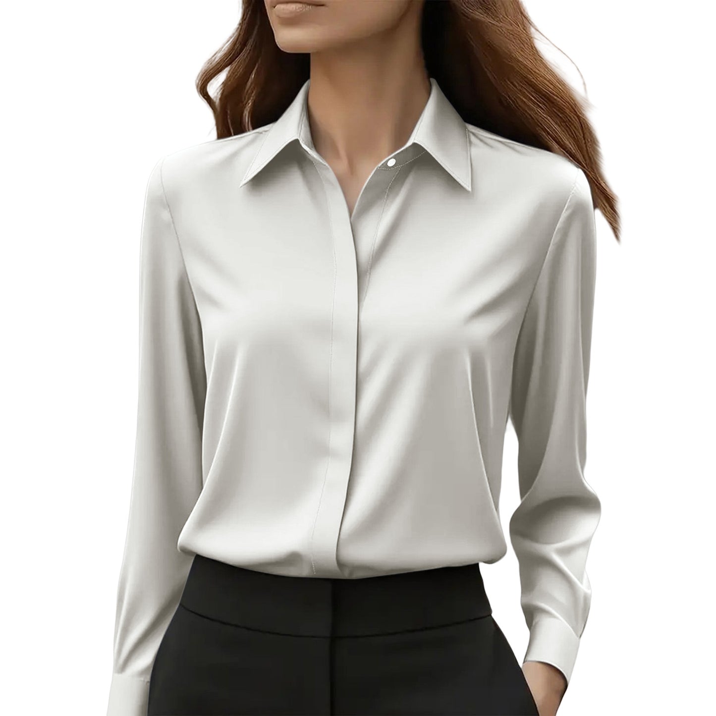 Classic Fit Solid Long-Sleeve Blouse in Silky Polyester