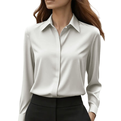 Classic Fit Solid Long-Sleeve Blouse in Silky Polyester