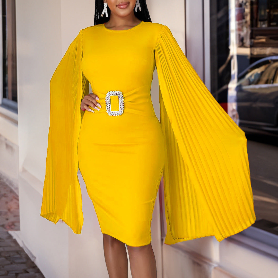 Solid Bodycon Midi Dress with Pleated Cape