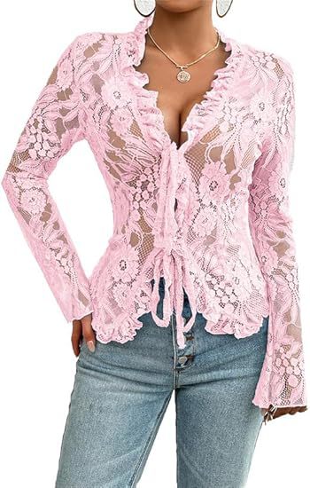 Sheer Lace Tie-Front Cardigan with Ruffle Trim