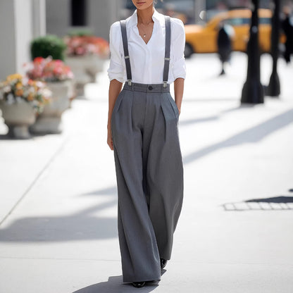 High-Waist Wide-Leg Trousers with Detachable Suspenders