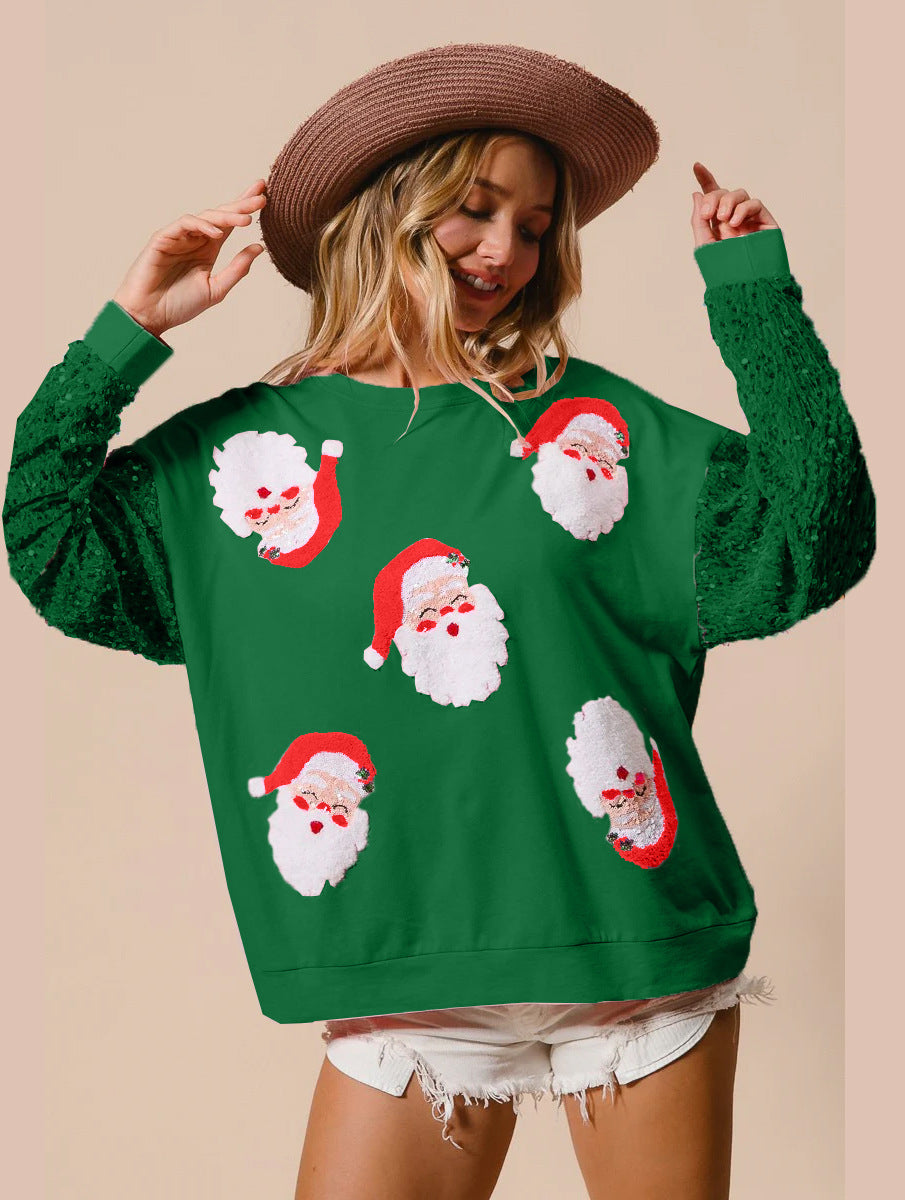 Loose Fit Santa Patch Pullover with Sequin Sleeves