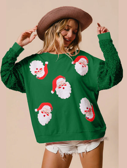 Loose Fit Santa Patch Pullover with Sequin Sleeves