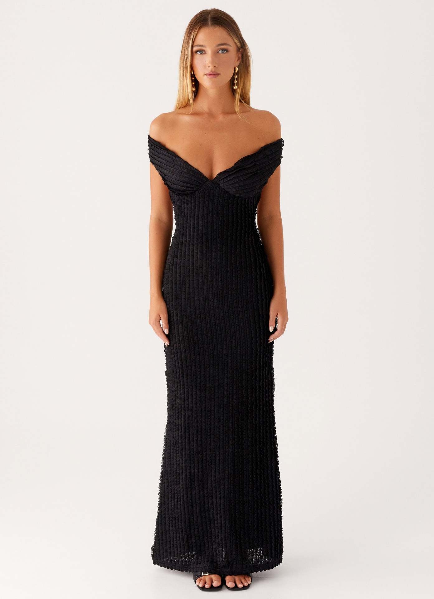 Textured Knit Pencil Maxi Dress with Off-the-Shoulder V-Neck
