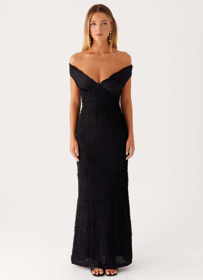 Textured Knit Pencil Maxi Dress with Off-the-Shoulder V-Neck