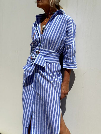 Geometric & Striped Shirt Dress with V-Neck and Half Sleeves