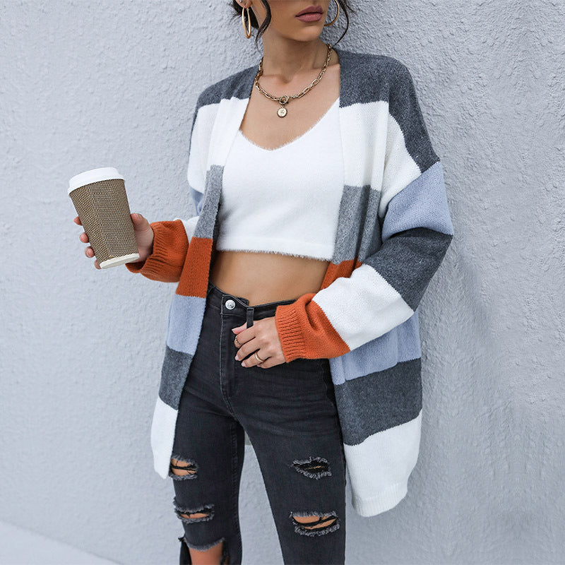 Color-Blocked Knit Cardigan with Open Front and Long Sleeves