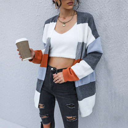 Color-Blocked Knit Cardigan with Open Front and Long Sleeves