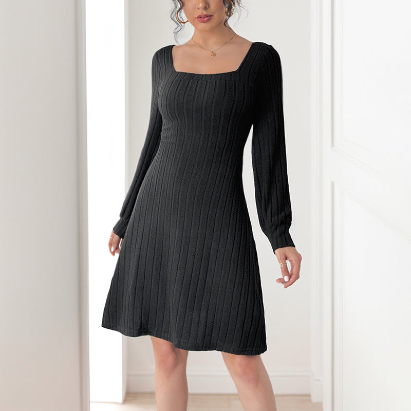 A-Line Knit Dress with Square Neck and Butterfly Lace Back