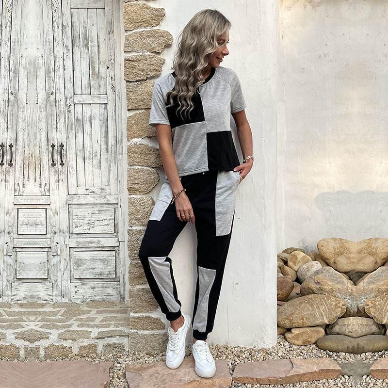 Color Block Lounge Set with Short Sleeve Top and Drawstring Joggers