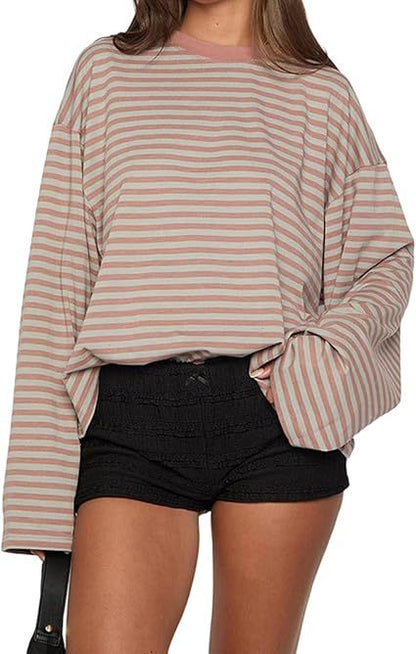 Oversized Striped Long Sleeve T-Shirt with Round Neck