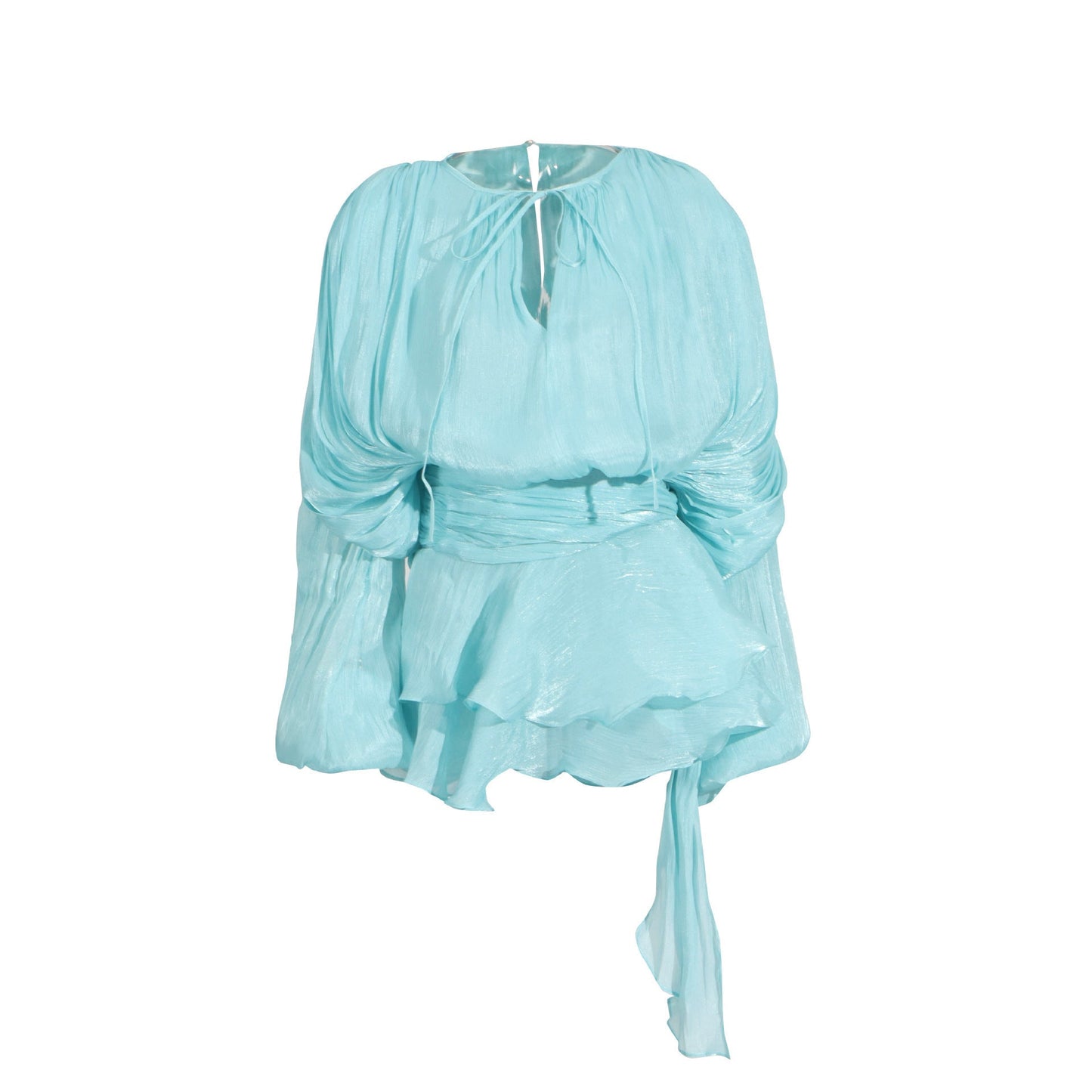 Pleated Two-Piece Set with Lantern Sleeves and Ruffled Skirt