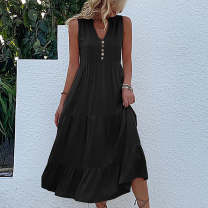 Solid A-Line Tiered Midi Dress with V-Neck and Sleeveless