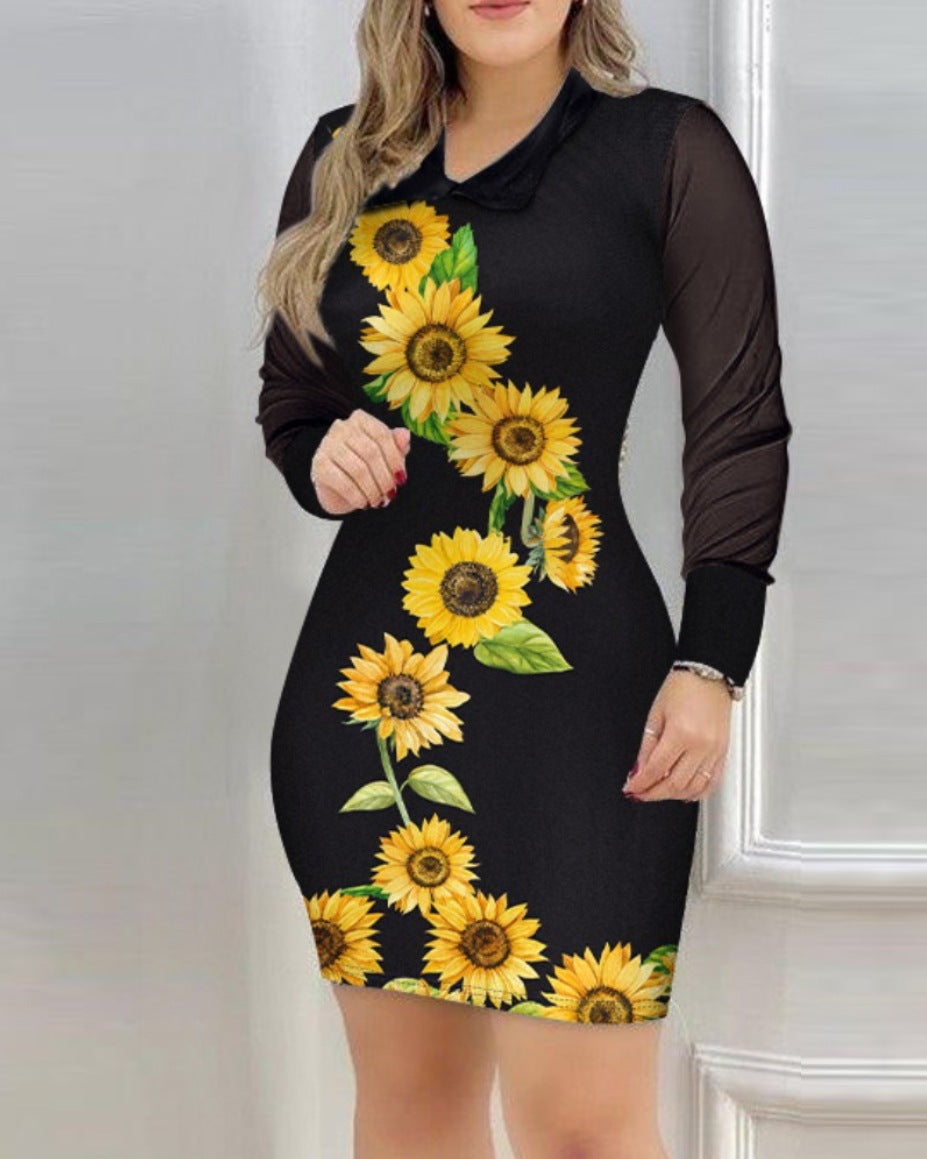 Floral Print Bodycon Mini Dress with Mesh Long Sleeves