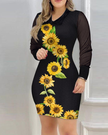 Floral Print Bodycon Mini Dress with Mesh Long Sleeves