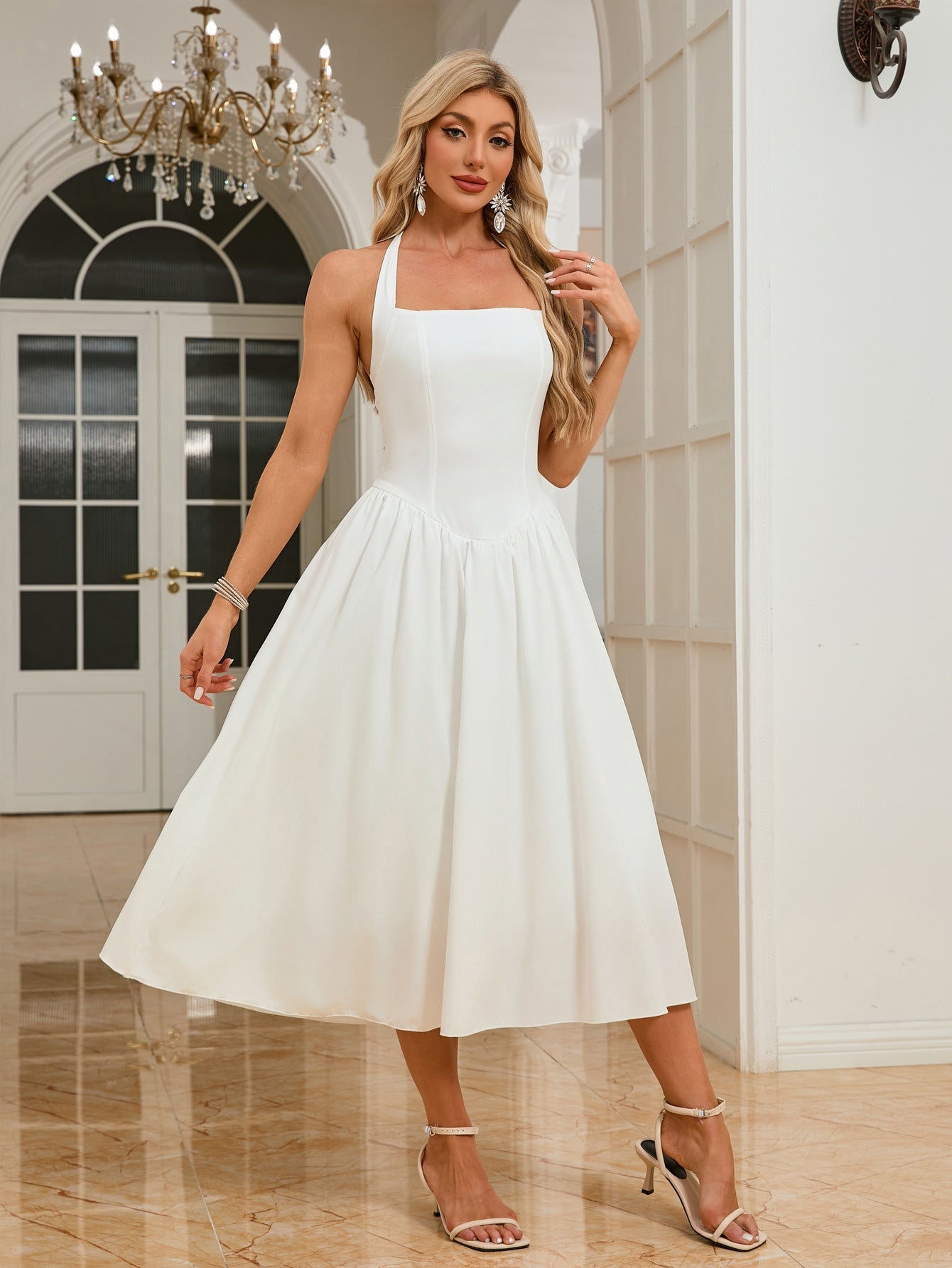 A-Line Halter Midi Dress with Lace-Up Back and Mesh Skirt