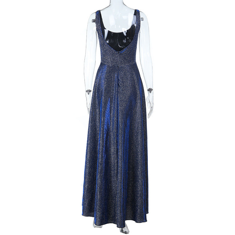 V-Neck Sleeveless Shiny Sequin Slip Dress Solid Color