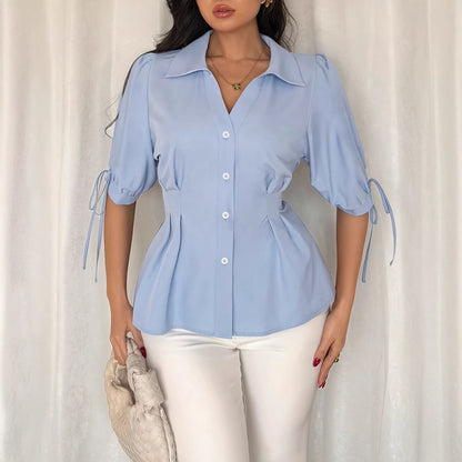 Solid Lapel Blouse with Pleated Waist and Puff Tie-Cuffs