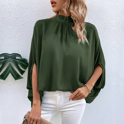 Solid Loose Blouse with Batwing Sleeves and Gathered Mock Neck