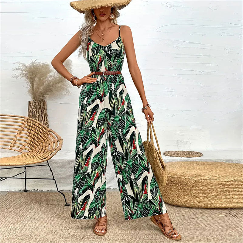 Tropical Leaf Print Jumpsuit with Wide-Leg and Cami Straps