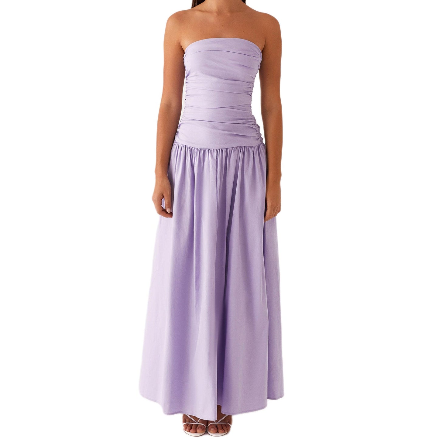 Strapless Ruched Maxi Dress with Dropped Waist