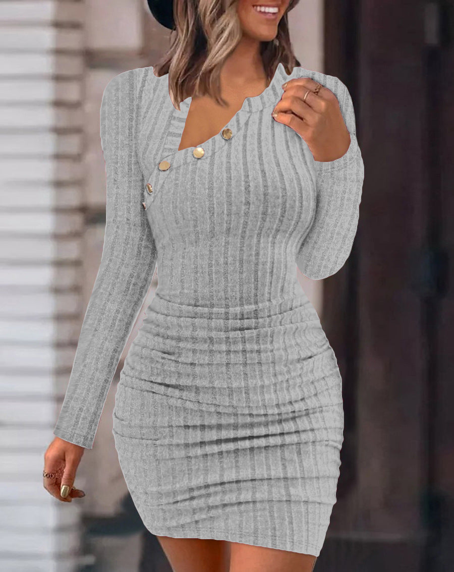 Bodycon Mini Dress with Oblique Collar and Buttons