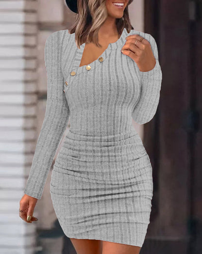 Bodycon Mini Dress with Oblique Collar and Buttons