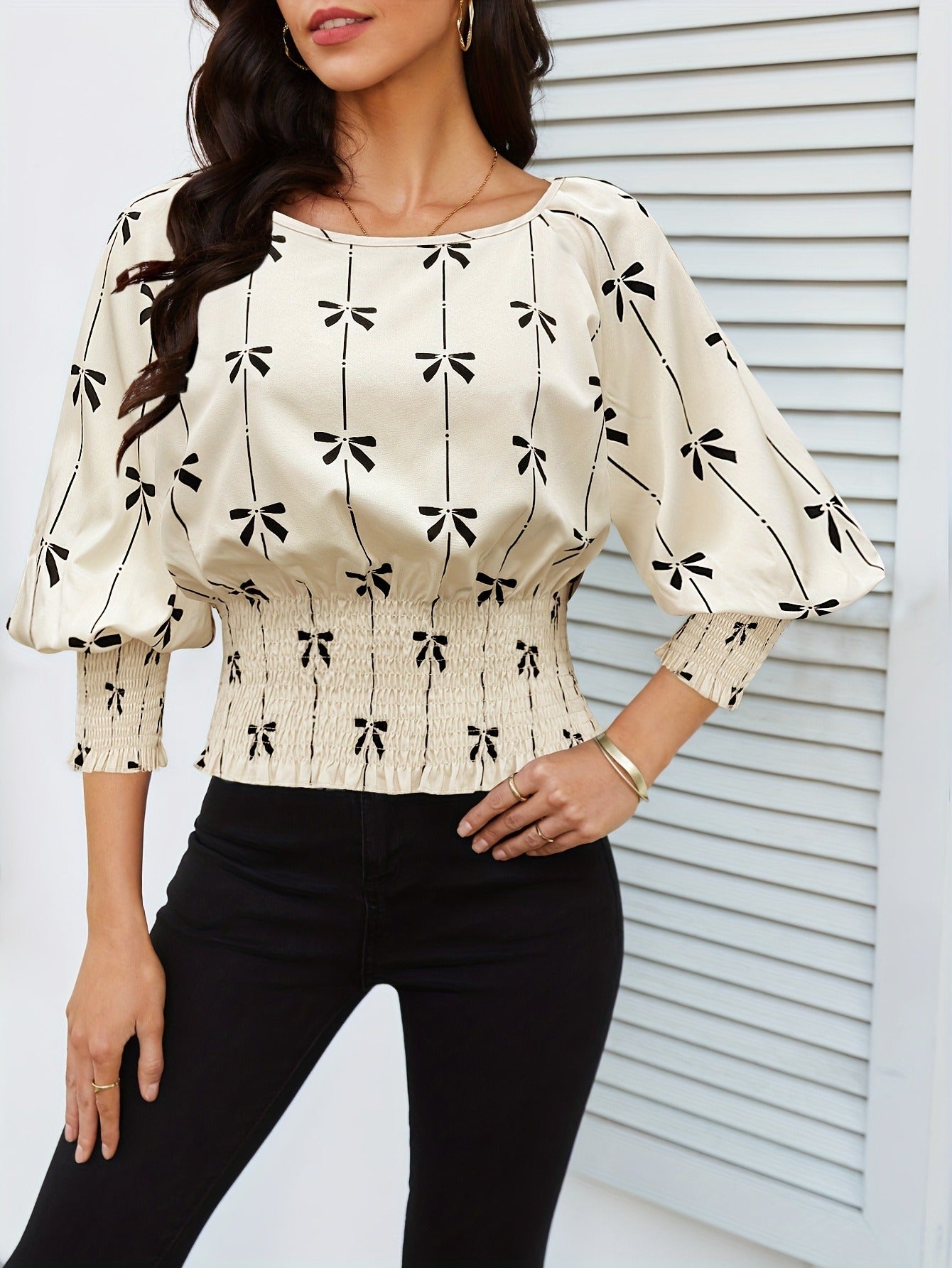 Bow Print Lantern Sleeve Blouse with Smocked Waist