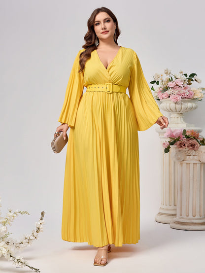 Solid Pleated Maxi Dress with V-Neck and Belt